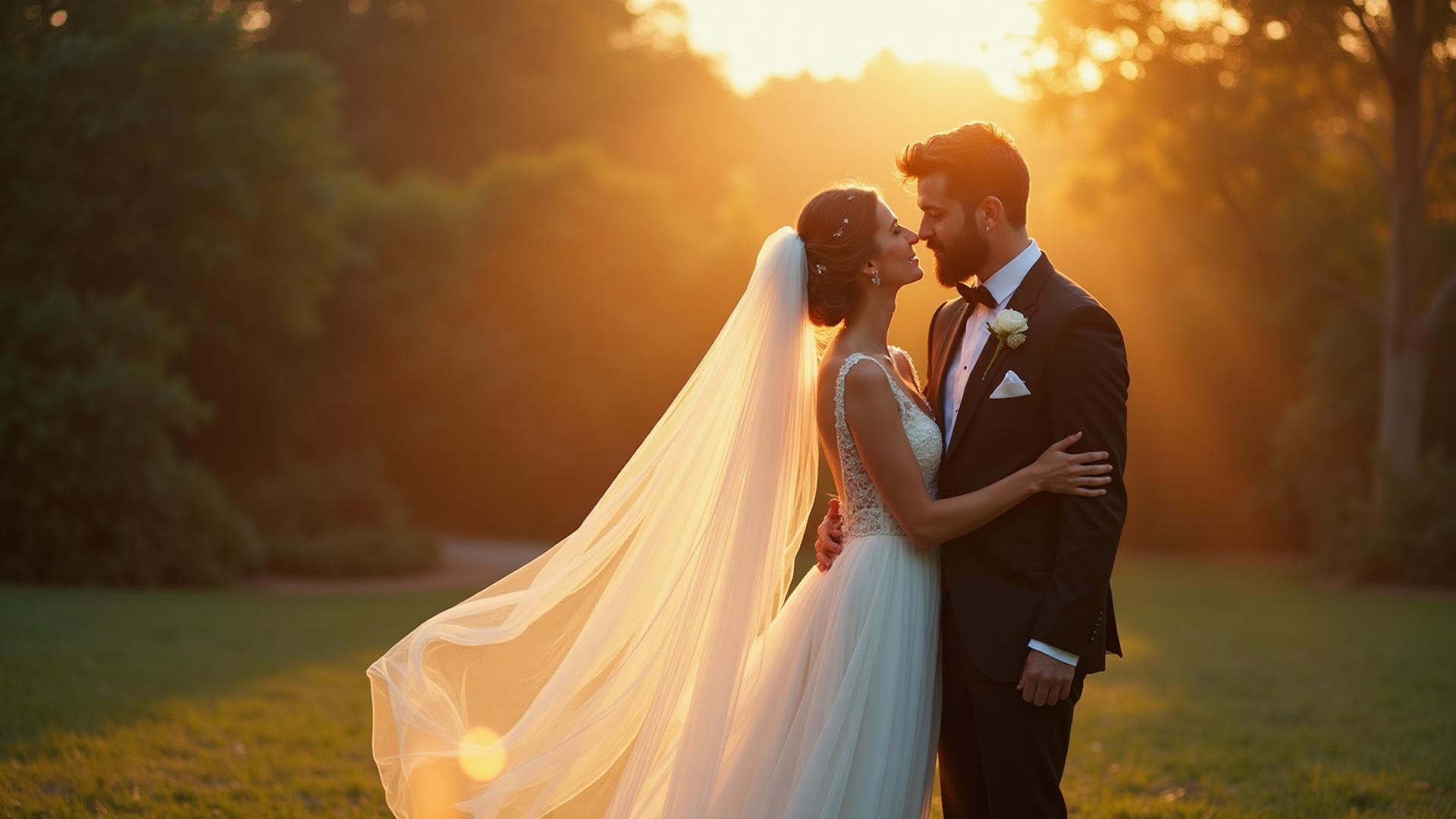 Beautiful wedding couple during golden hour